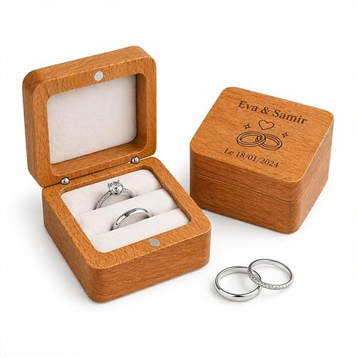 Générique Boîte à Alliances en Bois Personnalisée – Écrin Mariage Carré Aimanté avec Velours Blanc – Porte Alliances Gravé Prénoms et Date – 2 Bagues (Anneaux)