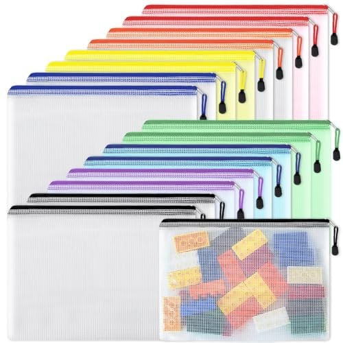 EOOUT 16pcs Mesh Zipper Pouch, Puzzles, Board Game Storage Bags for Organizing, Waterproof Zip File Bags, Letter Size, A4 Size, for School Office Supplies, Storage Bags, 8 Colors