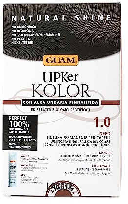 Guam, Upker KOLOR, Natürliche permanente Haarfarbe mit Undaria-Meeresalge und Bio-Extrakten, Ammoniakfreie Farbe, Made in Italy, Farbton 1.0 SCHWARZ