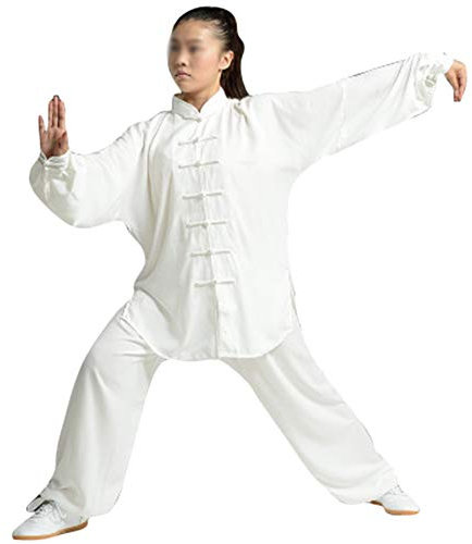 Mujer Unisex Artes Marciales Tai Chi Kung Fu Uniforme Ropa Hebilla Wushu Traje Traje De Dos Piezas Blanco XL