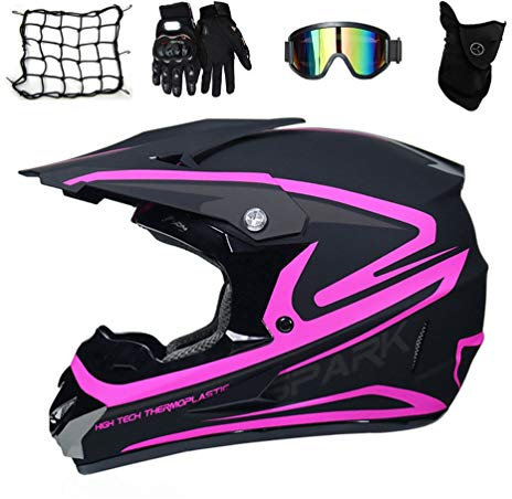 MRDEAR Motorradhelm Damen, Motocross Helm Kinder Crosshelm mit Brille Handschuhe Maske Motorrad Netz Fullface MTB Helm Mopedhelm Set für ATV Downhill Enduro Sicherheit Schutz, Schwarz und Pink,S