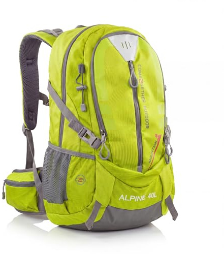 NOWI Trekkingrucksack praktischer moderner Outdoor Rucksack mit Regenhaube Brustgurt gepolsterte Schultergurte Schlaufen für Hiking Pole 40 Liter Volumen (Limette)
