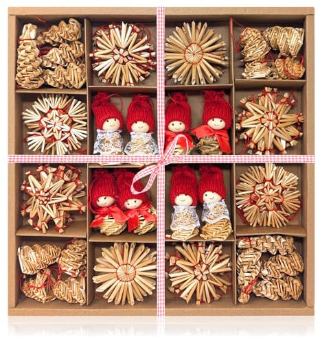 com-four® 56-teiliges Strohsterne Set - Sterne, Glocken, Tannen, und traditionelle Figuren als Christbaum-Schmuck - kleine Stroh-Anhänger als Weihnachtsbaumschmuck - natürlicher Christbaum-Behang