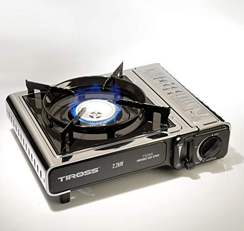 TIROSS TS265 - Fornello a gas da campeggio con piastra di cottura, fornello a gas, Picnic Grill, per cartuccia gas butano (non inclusa), con valigetta