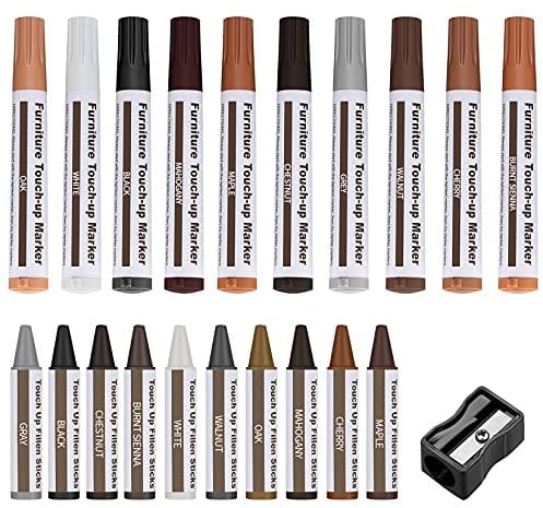 Furniture Repair Kit, 21 Pcs Wood Filler Touch Up Pens Furniture Repair Markers and Wax Sticks with Sharpener for Stains, Scratches, Floors Scratch, Tables, Desks, Carpenters, Touch-Ups Repair
