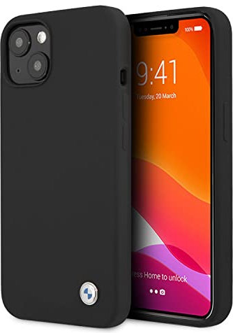 BMW-Handyhülle für iPhone 13 in Schwarz (komplett schwarz), Silikon glatt und kratzfest, Schutzhülle mit einfachem Schnappverschluss, Stoßdämpfung und Signatur-Logo