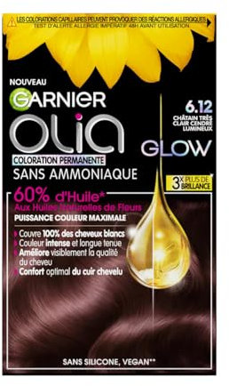 Garnier Coloration Permanente - Sans Ammoniaque - Aux Huiles Naturelles de Fleurs - Châtain Très Clair Cendré Lumineux (6.12) - Olia Glow