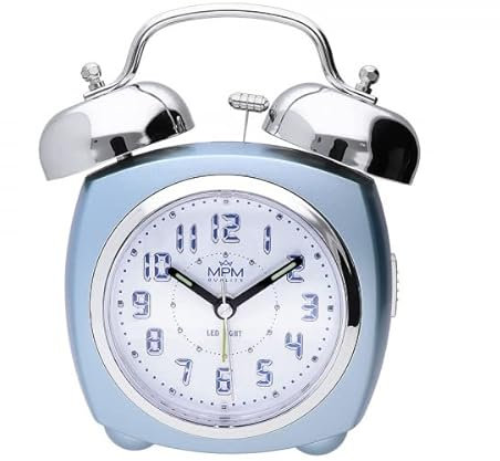 MPM Blauer Retro Wecker ohne Ticken, klassischer lauter Wecker für Tiefschläfer, Wecker analog mit metallischen Elementen, LED-Licht, Schlummerfunktion und Alarm, Ideal auch als Vintage Deko