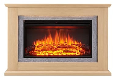 BALDERIA Xenia Elektrokamin - Elektrischer Standkamin mit Heizung 1000/2000 W, realistischer 3D-Flammeneffekt, LED-Beleuchtung, Fernbedienung programmierbar, Timer, Thermostat, Hellbraun