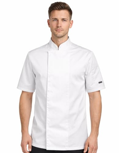 PALLTEX Nori SS Giacca Cuoco Uomo e Donna Unisex con i Bottoni Automatici Giacca da Cuoco Ristorante Divisa da Cuoco a Maniche Corte, Bianco, L