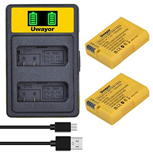 Uwayor EN-EL14/EL14a Replacement Li-ion Battery 2 Pack & Dual Charger Compatible for Nikon D5600 D5100 D5200 D5300 D5500 D3100 D3200 D3300 D3400 D3500 Coolpix P7000 P7100 P7200 P7700, P7800