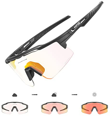 KAPVOE Selbsttönend Fahrradbrille Photochromatische UV400 Schutz Klar Sportsonnenbrille für Herren Damen Sport Radfahren MTB Radbrille Sportbrille Fahren Baseball Laufen Angeln Golf Rot Schwarz 01