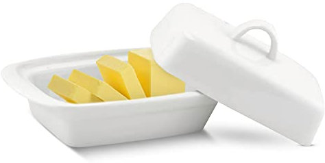Ceramic Butter Dish with Lid | Large White Butter Container for Countertop 17.5L x 9W x 11.5H (cm) | Butter Storage Dish with Handle | BPA-Free Butter Keeper for Refrigerator