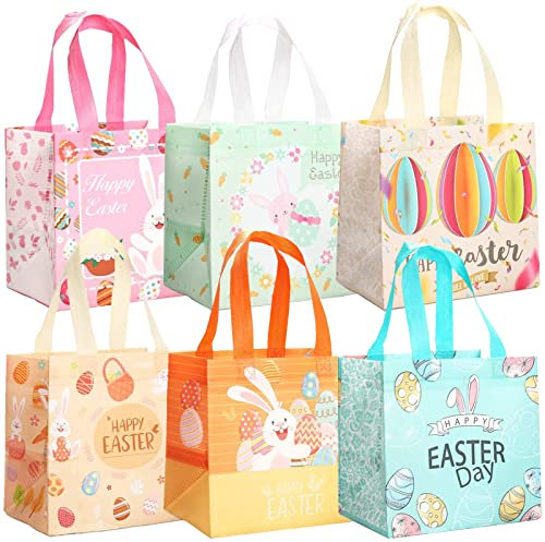 Hafeehoo Ostern Geschenktaschen 6 Stück Ostertüten mit Griffen, Häschen Karotten Küken Ei Taschen, Vliesstoff Ostern Tragetasche zum Verpacken von Geschenken