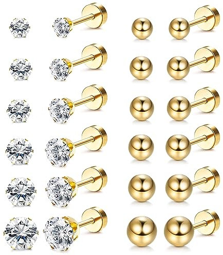JeryWe 12Paires 20G Mini Clous d'oreilles Femmes Hommes Boucles d'oreilles en Acier Inoxydable Cartilage Huggies Set en Puces CZ Balle Hypoallergéniques Hélix Piercings de Tragus STYLEB OR