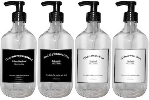 seifenspend Kunststoff, 4er Set Seifenspender 500ml mit Etiketten, pumpflaschen Set Badezimmer, Shampoo Flasche (500ml Transparent)