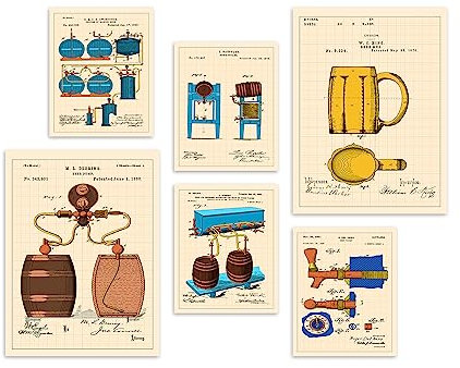 Beer Patent Wall Art Prints - Set of 6 Beer Brewing & Brewery Artwork Unframed Poster Vintage Bar Photos, Home Bar Decor, Great Gift for Men, Vintage Bar Pub Bedroom Décor (8x10, 12x16 Unframed)
