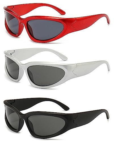 Brateuanoii 3 Paar Polarisierte Sport Sonnenbrille für Herren und Damen - Mode Wraparound Futuristische Brille, Punk Sportbrille Y2K Coole Techno Brillen, Drei Farben UV400 Schutz