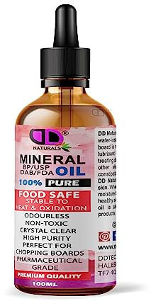 DD Teck Pure Mineral Oil Premium Food Safe, Chopping Board Oil, Cutting Board, Worktop, Butcher Blocks, Countertops Wood, Slate, Stone- Tasteless, odourless & Clear (100ml Glass Bottle Dropper)