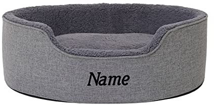 lionto Hundebett mit Wendekissen und waschbarem Bezug, formstabiles Hundekörbchen mit Anti-Rutsch-Noppen, 83x63 cm, kuscheliges Heimtierbett für Hunde und Katzen mit Plüsch, grau (Namensaufdruck)