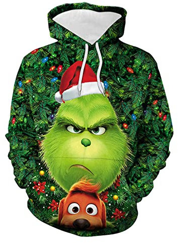 QWUVEDS Herren und Damen Weihnachten Christmas Hoodies Lustige kreative 3D Pullover Sweatshirt für Jungen Mädchen Langarm Hoodie Kordelzug Sweatshirt Grinch Pullover Decken Hoodie Grinch Kleidung