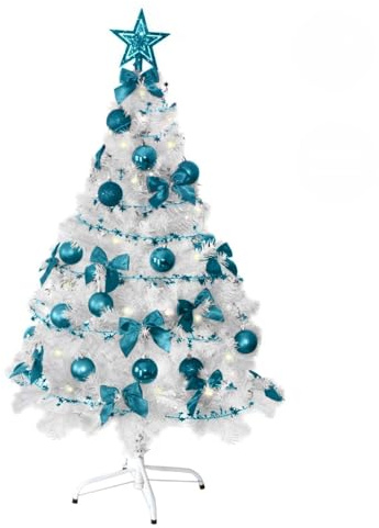 Weihnachtsbaum künstlich (WBD) 120 cm Weiss mit Weihnachtsdeko türkis und Led Lichterkette mit Batteriebox und Fernbedienung künstlicher Christbaum klein Tannenbaum
