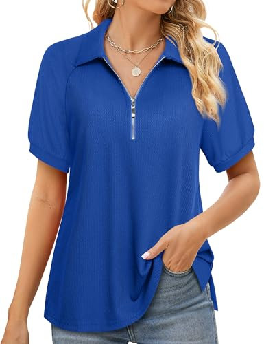 Vafoly Tunika Bluse Damen Kurzarm Sommer Oberteil Damen Business Casual Oberteil Shirt mit Reißverschluss Damen V-Ausschnitt Bluse Frauen Collared Shirts Trendy Frühling 2024 Victoria Blau XL