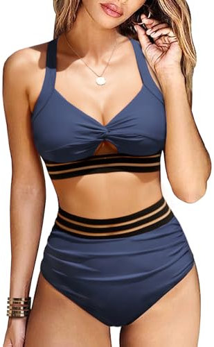 UMIPUBO Damen Bikini Bauchweg High Waist Push Up Bikini Sets Zurück Kreuzen Swimsuit Große Brüste Bademode Sexy Badeanzug Strandbikini(Grau Blau,M)