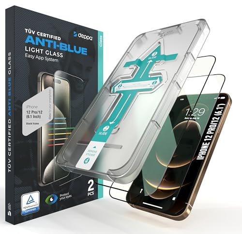 Deppa |2 Pack| Eye Safeguard Certified Anti-Blue Light Screen Protector for iPhone 12/12 Pro (6.1') Tempered Glass Edge to Edge Full Cover with Easy Installation Kit Tray