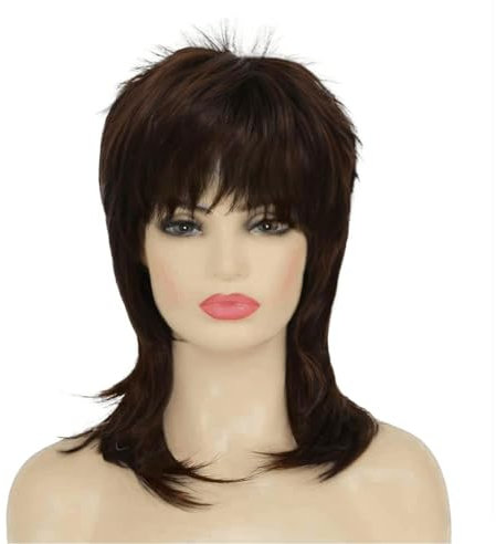 Siudus Braun Vokuhila Perücken für Frauen Mullet Perücken Shaggy 70er 80er Jahre Perücke Layered Natürliche Synthetische Faser Haar Perücke für Cosplay Disco Rocker Verwenden