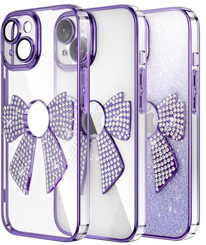 IMEIKONST Luxury Glitter Case Compatible with iPhone 15 Plus, Bling Shining Diamond Bow Design Camera Protector Shockproof Soft TPU for Girls Women Cover for iPhone 15 Plus. Purple KDH