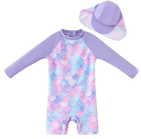 UMELOK Baby Badeanzug UV Schutz Badebekleidung für Mädchen - mit Sonnenhut (Blau,Meerjungfrau, 9-12 Monate/74-80cm)