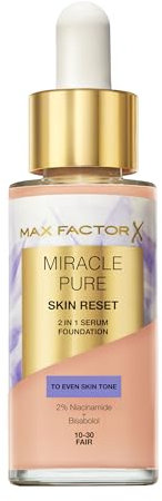 Max Factor Miracle Pure Skin Reset Foundation, 2-in-1 Serum und flüssige Foundation, natürliche Deckkraft mit mattem Finish, Reset-Komplex, Fb. 10-30 Fair