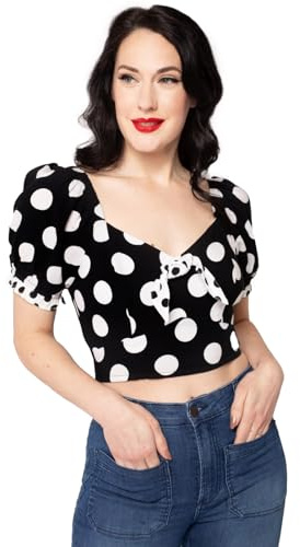 Hell Bunny Dolores Polka Dot Kurzbluse mit Puffärmeln Retro-Schleife 50er Jahren, Schwarz, XS