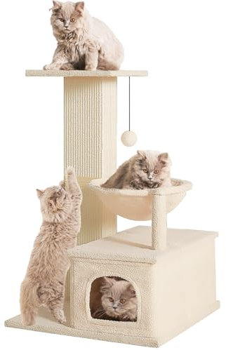 GreenPetopia Cat Tree Tower with Perch, Cat Tower for Indoor Cats, Cat Tree with Hammock, 31 Inches Tall Adult Cat Trees with Sisal Scratching Post and Fluffy Ball, Cat Condo for Large Cats, Beige