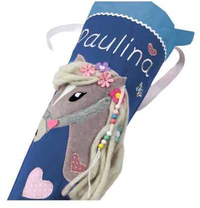 Schultüte/Zuckertüte Pferd mit Namen in blau zur Einschulung für Mädchen, aus Stoff, mit Kissen (Schultüte ohne Kissen)
