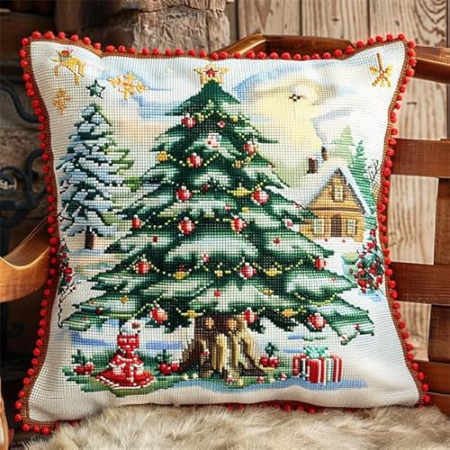 Lfynior Kreuzstich Kissen Set Vorgedruckt Weihnachten Stickkissen mit Muster 45X45cm Stickpackung Stickset Kreuzstich Kissen zum Basteln Stickkissen Stickpackung mit Vorgedruckt Kreuzstichmotiv
