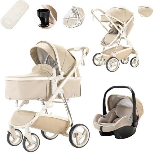 Lnhcrbs Kinderwagen 3 in 1,Kinderwagen Set ist ein mit einer Hand faltbarer Aluminiumrahmen, Bergsteiger Kinderwagen ist aus Leder, wasser- und schmutzabweisend, Für 0-4 Jahre, 22KG(Khaki)