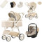 Lnhcrbs Kinderwagen 3 in 1,Kinderwagen Set ist ein mit einer Hand faltbarer Aluminiumrahmen, Bergsteiger Kinderwagen ist aus Leder, wasser- und schmutzabweisend, Für 0-4 Jahre, 22KG(Khaki)