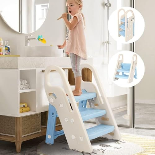 Growaystory Tritthocker für Kinder, Trittleiter Klappbar mit 3 Stufen, Faltbarer Höhenverstellbar, Sicherer, Lernturm, Trittschemel, Tritt-Schemel Kinderschemel für Baby (Blau)