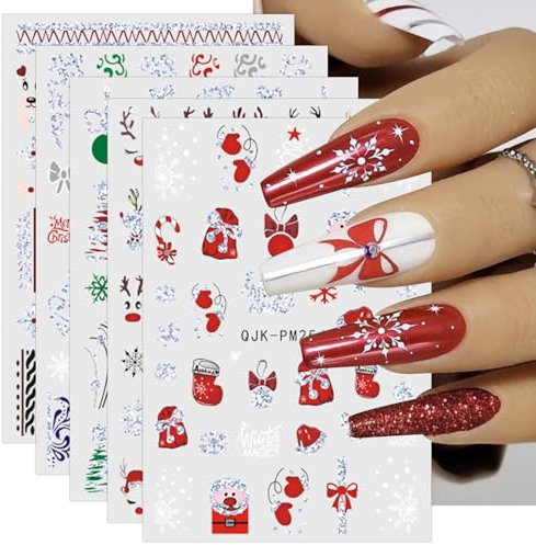 JMEOWIO 10 Sheets Christmas Glitter Nail Art Stickers Decals Self-Adhesive Snowflake Xmas Winter Holiday Cute Nail Supplies Nail Art Design Decoration Accessories
