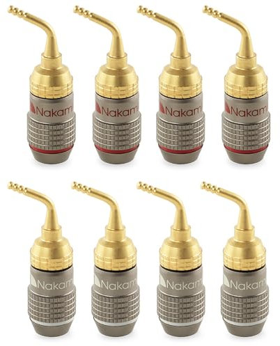 Nakamichi FanLock Excel Series 24k Gold Plated 2mm Pin Plug Banana 10 AWG - 18 AWG Gauge Size 4mm for Spring Clip Speakers Amplifier Hi-Fi Home Theatre Wire Cable Quick Connector, 8 Pcs (4-Pairs)