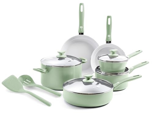 GreenPan Dover Healthy Ceramic Nonstick, 12 Piece Cookware Pots and Pans Set, PFAS-Free, Dishwasher Safe, Comfort Grip Handle, Pastel Green