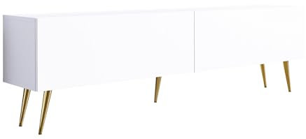 3E 3xE living.com Meuble TV : Deux Portes, Deux étagères, Couleur : Blanc Mat, Pieds dorés D : L : 170 cm, H : 52 cm, P : 32 cm