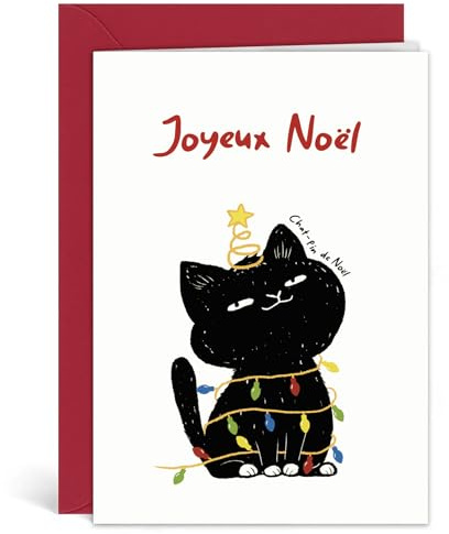 GEBETTER Carte de Voeux Joyeux Noël “Chat-Pin de Noël” Motif Chat Noir Carte Pliable avec Enveloppe Cadeau Humour pour Ami Proche