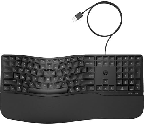 HP 480 Comfort Tastatur kabelgebunden – QWERTZ Deutsches Layout, ergonomisch, Handballenauflage, 23 programmierbare Tasten, USB-A, kompatibel mit Windows/macOS/ChromeOS, Copilot-Taste, Schwarz