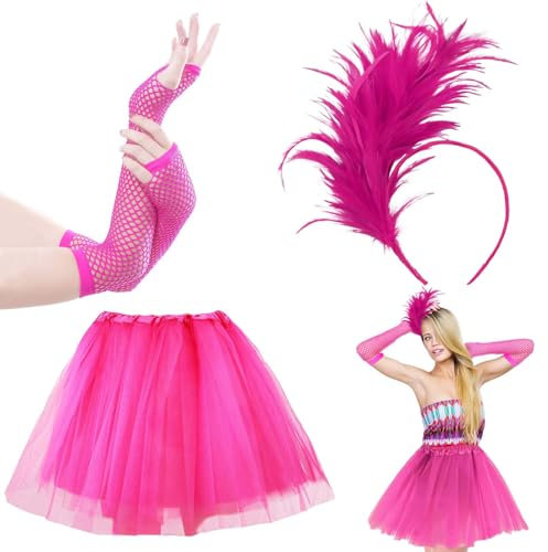 Jupe Tutu Rose Femme - Ensemble de Déguisement 80's, Fascinateur Plumes pour Femmes avec Bandeau et Gants en Gants longs en résille fluo, Parfait pour Fêtes Thématiques et Cosplay