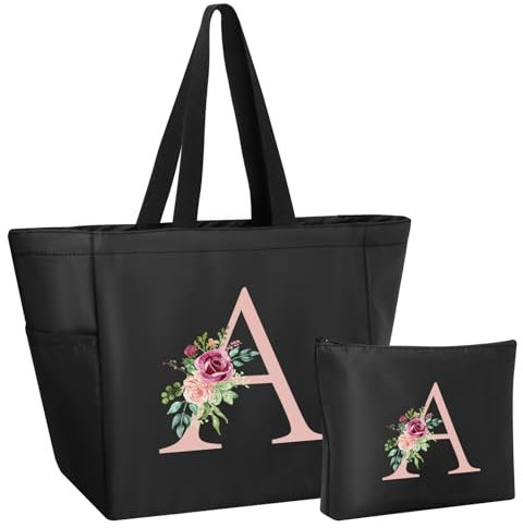Ysound Initialen Tragetasche Damen, Personalisiert Handtasche Frauen, Schwarz Tote Bag Set, Einkaufstasche und Kosmetiktasche Geschenk für Frauen Freundin Braut Brautjungfern Geburtstag, Hochzeit (A)