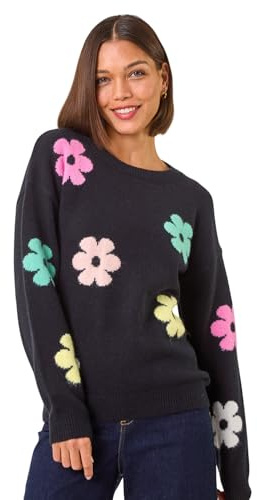 Roman Originals Thick Jumper for Women UK - Ladies Winter Autumn Smart Casual Knit Knitted Knitwear Pull-On Round Crew Neck Long Sleeve Work Office Dinner Party - Noir Multi - Size 12