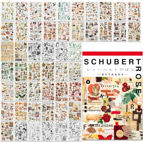 50 Sheets (500+PCS) Vintage Washi Stickers,Rose Mushroom Fruits Plants Retro Fashion Aesthetic Scrapbook Sticker Book, for Journaling Notebook Water Bottle Album, Phone Case, Laptop, Card Making